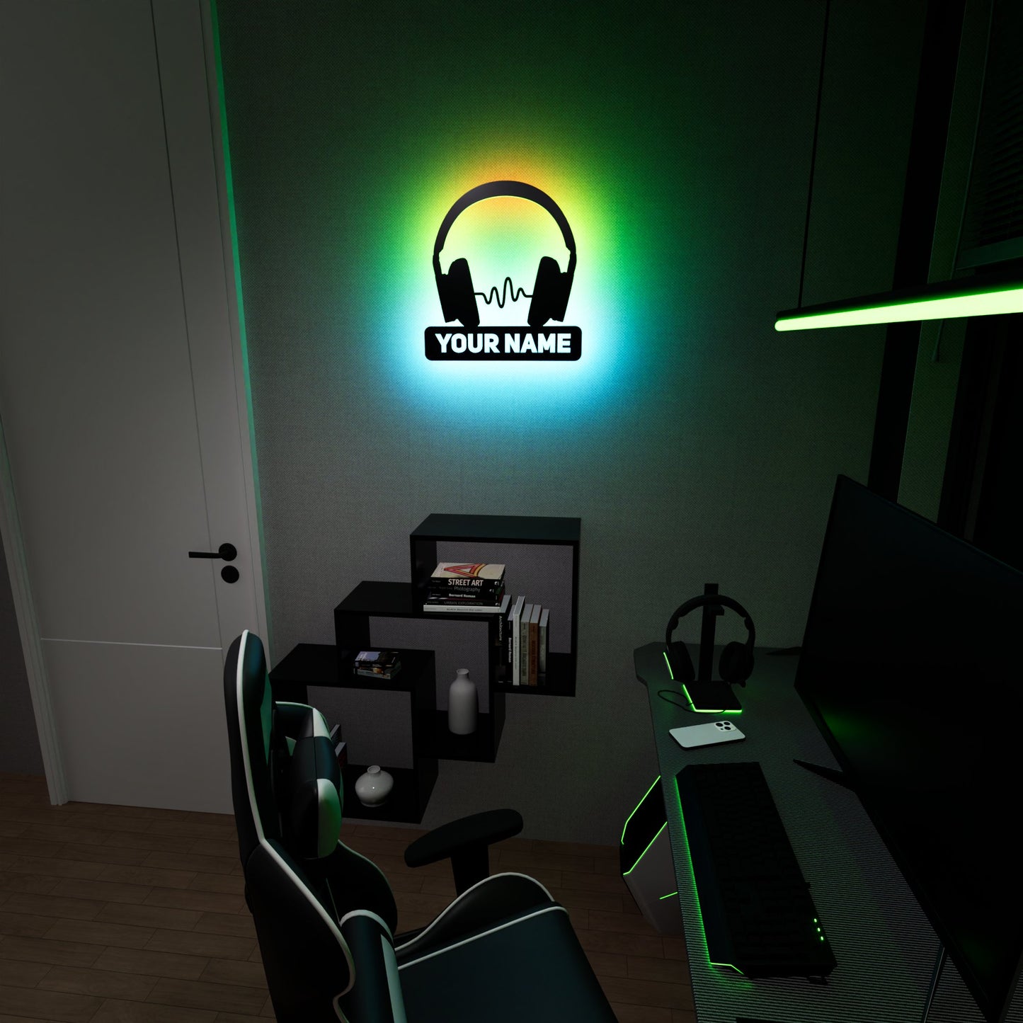 Wireless Headphone Wave RGB Led Wall Sign Personalized - Kutalp